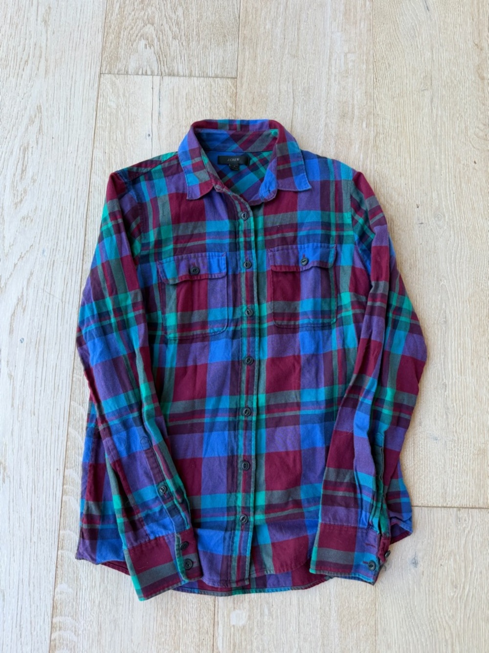 J. Crew Women's Plaid Button-Down Shirt in Burgundy, Blue & Green